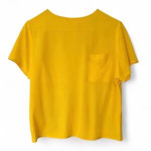 100% Silk Yellow Blouse Minimalist Pocket Top Size Small